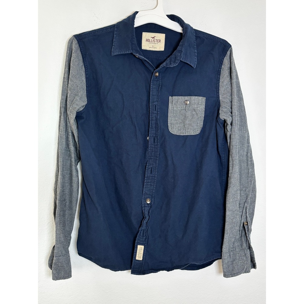 Hollister Mens Small Navy Blue Gray Colorblock Long Sleeve Button Down Shirt